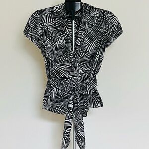 Ann Taylor Black and White Palm Print Tie-Waist Blouse